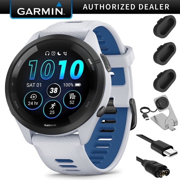 Garmin Forerunner 265 GPS Smartwatch, Whitestone/Tidal Blue Bundle with Deco Essentials Charging Dock for Garmin Venu 3 + Silicone Dust Cover + USB Type C Charging and Sync Cable