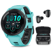 Garmin Forerunner 265 Music GPS Running Smartwatch, Aqua with AMOLED 1.3 in Touchscreen Display with Wearable4U Black EarBuds Bundle