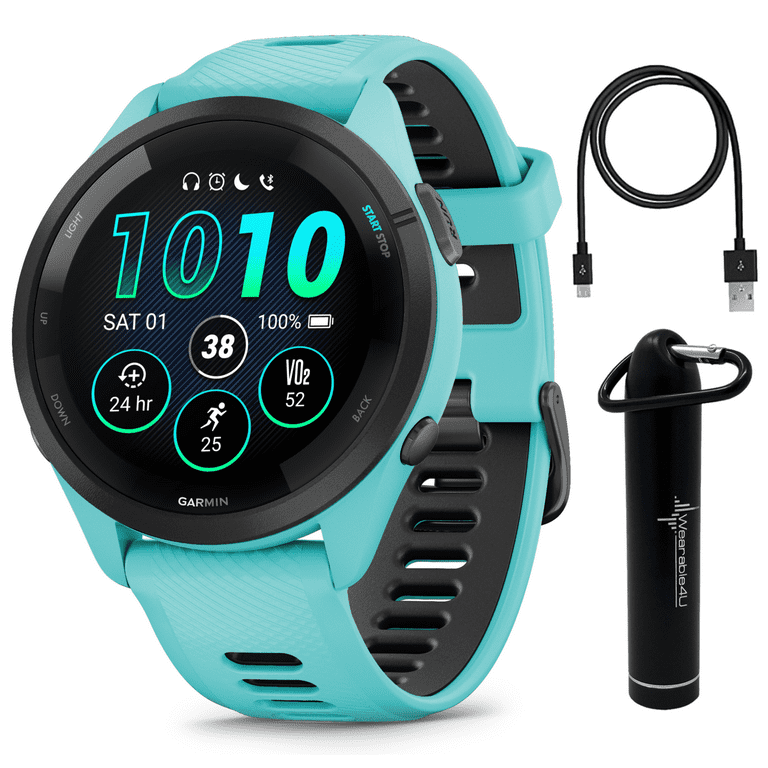 Garmin Forerunner 265 Music GPS Running Smartwatch, Aqua with AMOLED 1.3 in  Touchscreen Display with Wearable4U Power Bank Bundle 