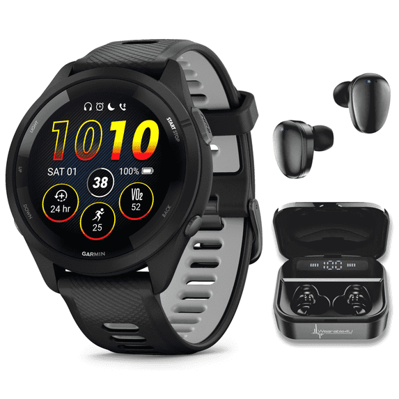 Garmin Forerunner 265 Music GPS Running Smartwatch, Black with AMOLED 1.3 in Touchscreen Display with Wearable4U Black EarBuds Bundle