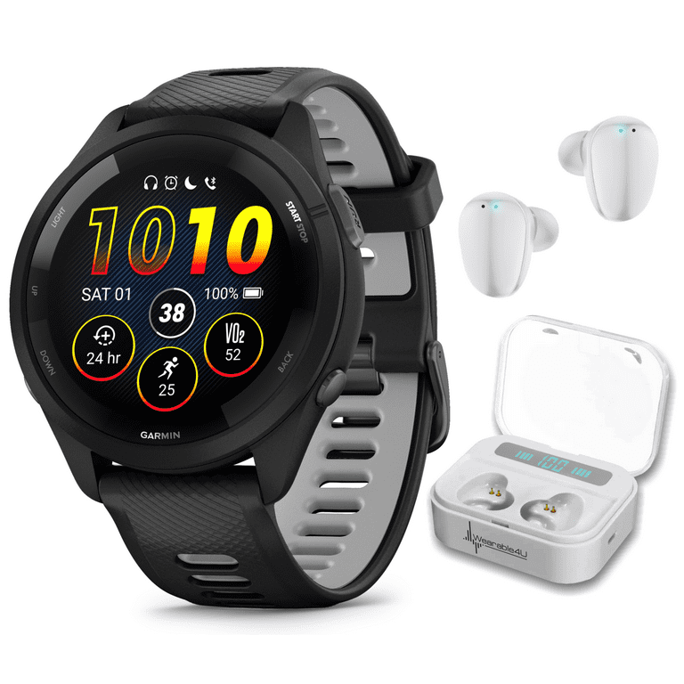 Garmin Forerunner 265 Music GPS Running Smartwatch, Black with AMOLED 1.3  in Touchscreen Display with Wearable4U White EarBuds Bundle 