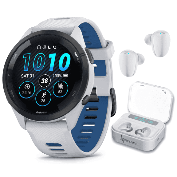 Garmin Forerunner 265 Music GPS Running Smartwatch, Whitestone with AMOLED 1.3 in Touchscreen Display with Wearable4U White EarBuds Bundle