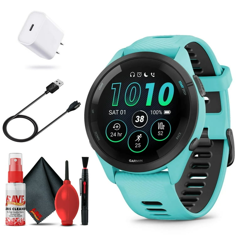 Garmin Forerunner 265 (Aqua/Black) Running GPS Smartwatch  Gift Bundle with  HD Screen Protectors, Wall Adapter & Hard Case 