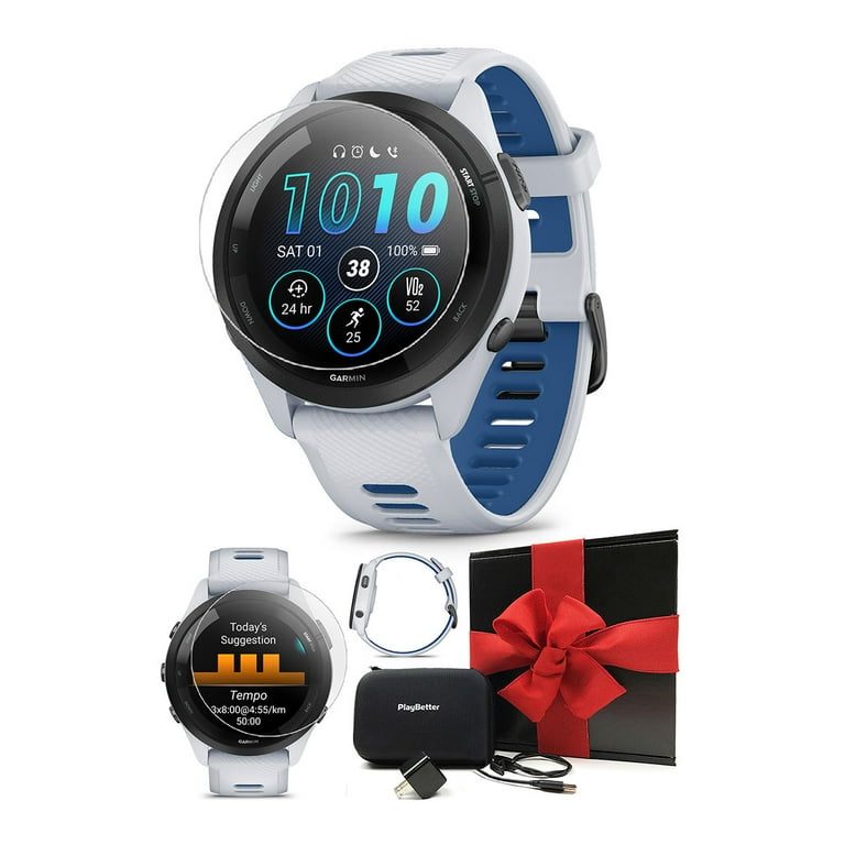Garmin Forerunner 265 Whitestone Tidal Blue Running GPS Smartwatch Gift Bundle with HD Screen Protectors Wall Adapter Hard Case