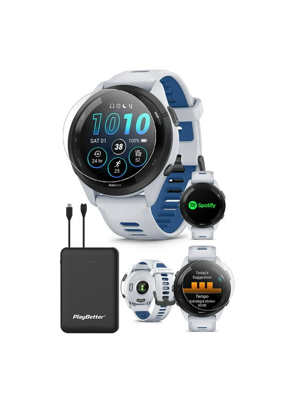 Garmin Forerunner 265 (Whitestone/Tidal Blue) Running GPS Smartwatch | Power Bundle with PlayBetter HD Screen Protectors & Portable Charger