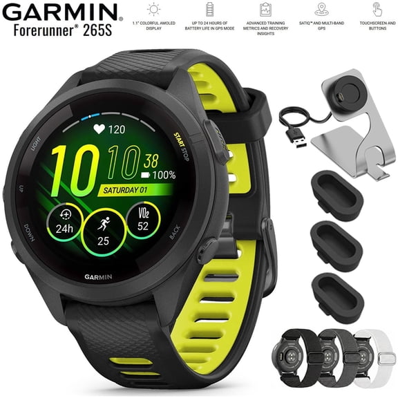 Garmin Forerunner 265S GPS Smartwatch Black/Amp Yellow 010-02810-03 Bundle with Nylon Elastic Bands 18mm 3 Pack, Charging Dock and Silicone Dust Cover 3 Pack