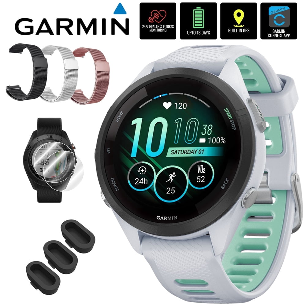 Garmin Forerunner 265S GPS Smartwatch, Whitestone/Neo Tropic 010-02810-04 Bundle with Deco Essentials 3x 18mm Metal Bands, 3x Silicone Dust Cover and 2x Screen Protector