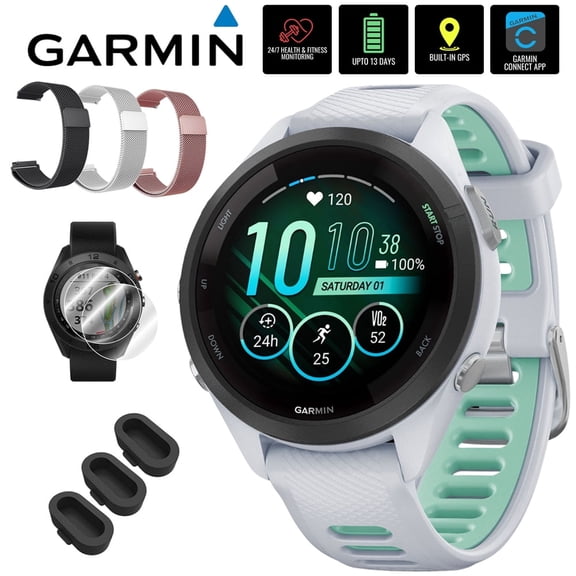 Garmin Forerunner 265S GPS Smartwatch, Whitestone/Neo Tropic 010-02810-04 Bundle with Deco Essentials 3x 18mm Metal Bands, 3x Silicone Dust Cover and 2x Screen Protector