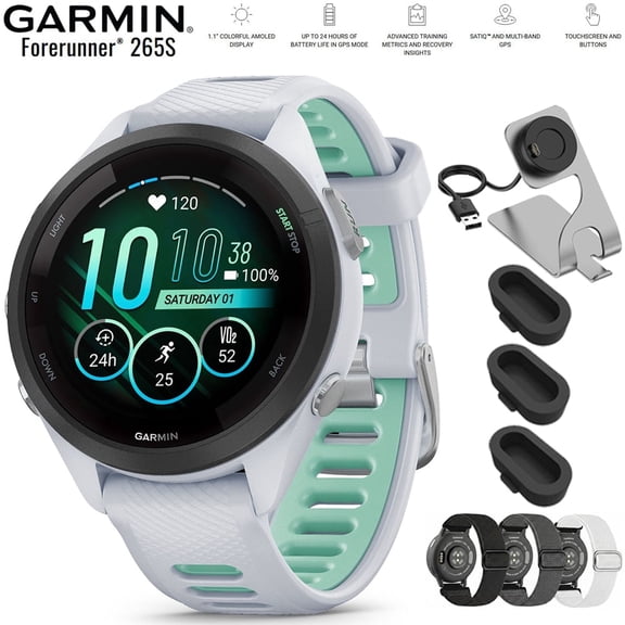 Garmin Forerunner 265S GPS Smartwatch Whitestone/Neo Tropic 010-02810-04 Bundle with Nylon Elastic Bands 18mm 3 Pack, Charging Dock and Silicone Dust Cover 3 Pack