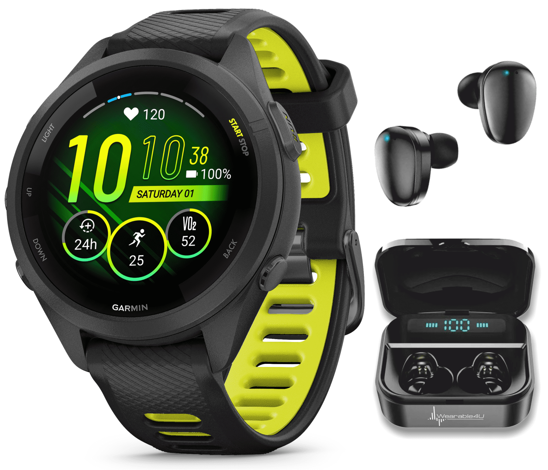 Garmin Forerunner 265S Music GPS Running Smartwatch, Black with AMOLED  1.1in Touchscreen Display with Wearable4U Black EarBuds Bundle 