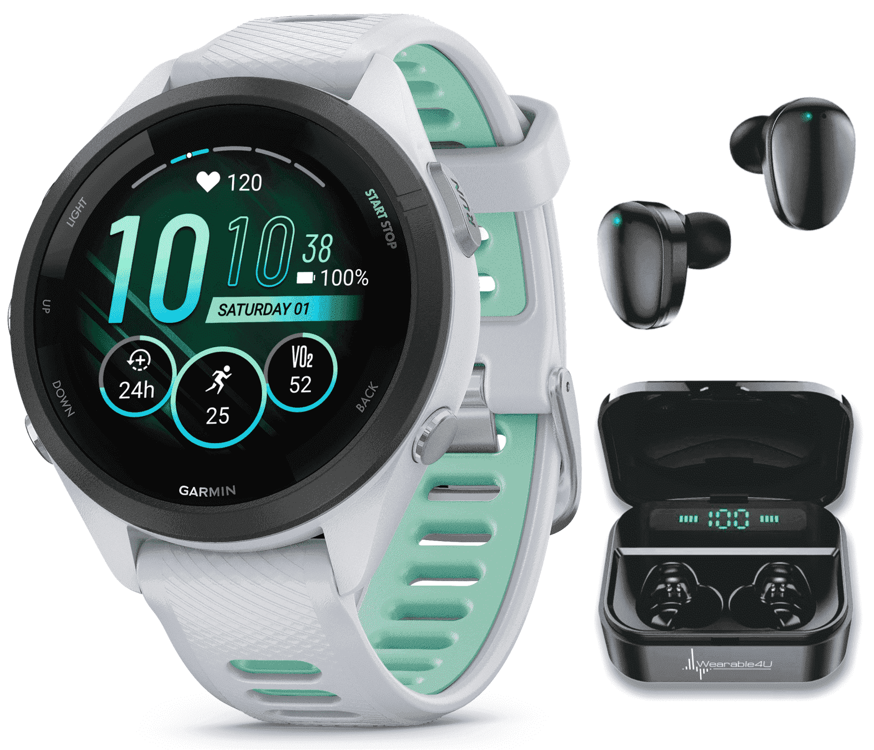 Garmin Forerunner 265S Music GPS Running Smartwatch, Whitestone with AMOLED 1.1in Touchscreen Display with Wearable4U Black EarBuds Bundle