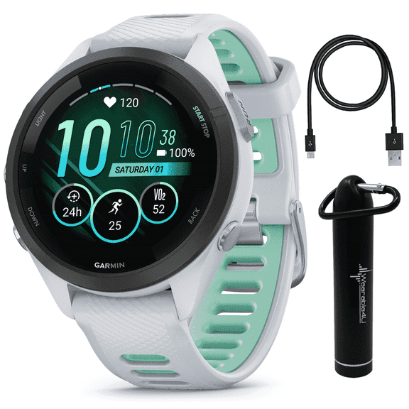 Garmin Forerunner 265S Music GPS Running Smartwatch, Whitestone with AMOLED 1.1in Touchscreen Display with Wearable4U Power Bank Bundle