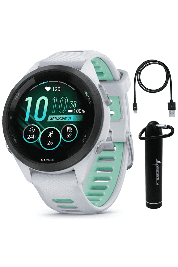 Garmin Forerunner 265S Music GPS Running Smartwatch, Whitestone with AMOLED 1.1in Touchscreen Display with Wearable4U Power Bank Bundle