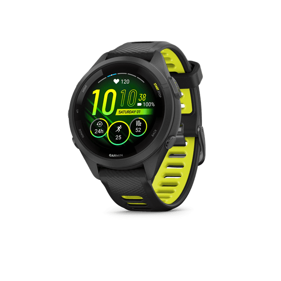 Garmin Forerunner 265S Running Smartwatch, Colorful AMOLED Display, Training Metrics and Recovery Insights, Black and Amp Yellow