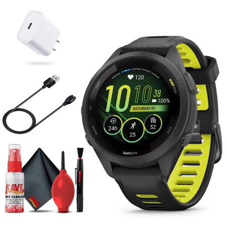 Garmin Forerunner 265S Smartwatch (Black) Bundle with USB-C Charging Cable and Adapter, 6Ave Cleaning Kit, and Extended Protection