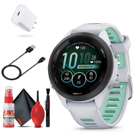 Garmin Forerunner 265S Smartwatch (White) Bundle with USB-C Charging Cable and Adapter, 6Ave Cleaning Kit, and Extended Protection