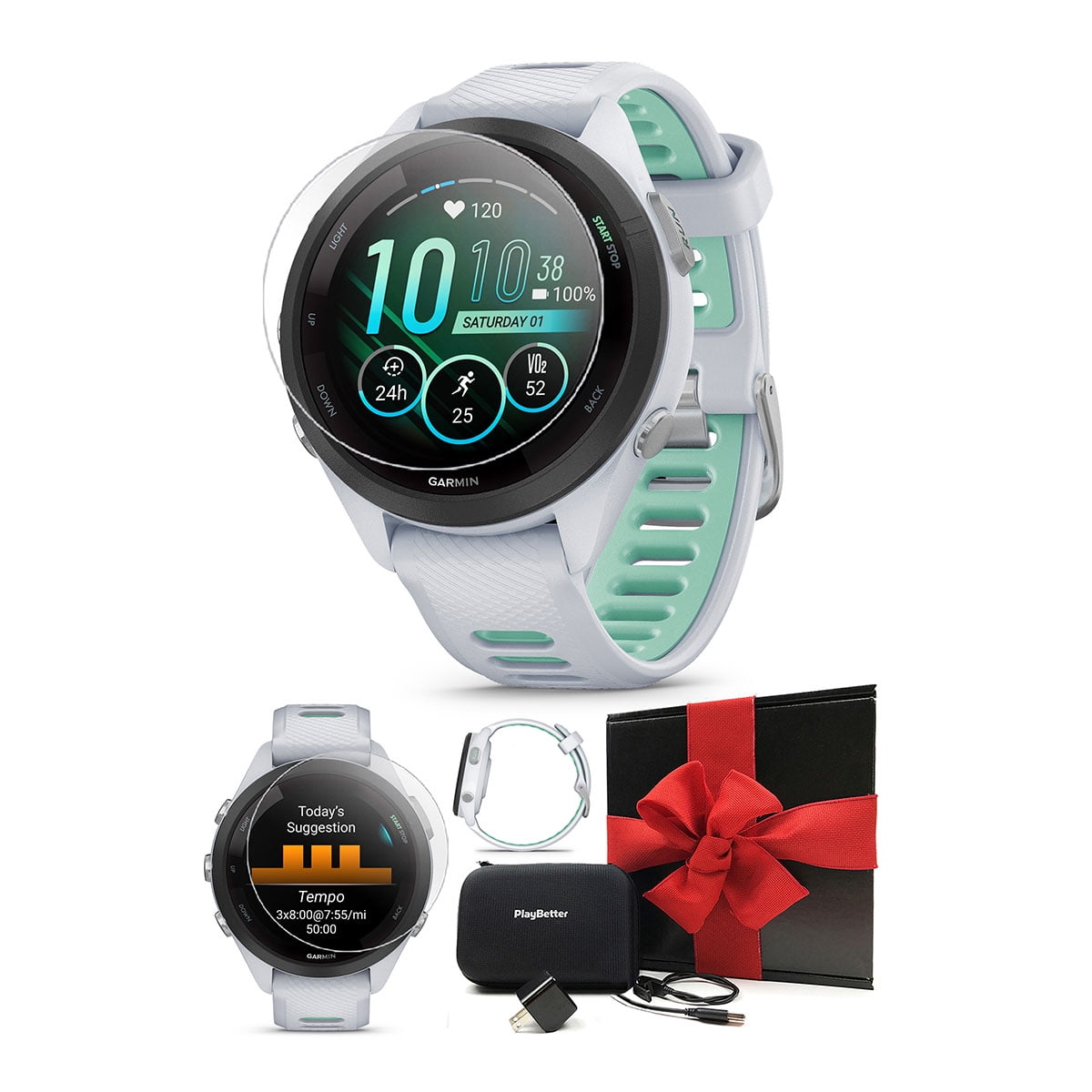 Garmin Forerunner 265S (Whitestone/Neo Tropic) Running GPS Smartwatch   Gift Bundle with HD Screen Protectors, Wall Adapter & Hard Case 