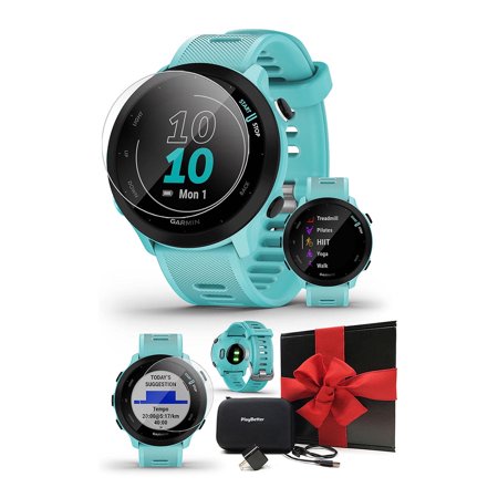 Garmin Forerunner 55 (Aqua) GPS Running Smartwatch Gift Box Bundle with PlayBetter HD Screen Protectors, Wall Adapter & Hard Case