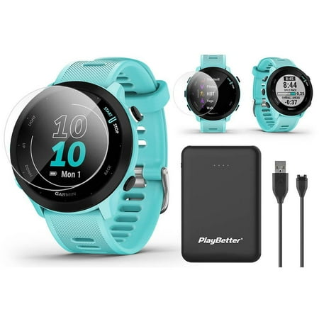 Garmin Forerunner 55 (Aqua) GPS Running Smartwatch Power Bundle with PlayBetter Portable Charger & HD Screen Protectors