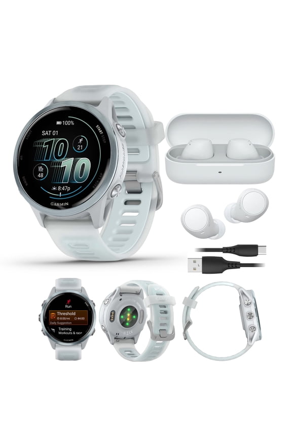 Forerunner 570 42mm AMOLED (Cloud Blue/Whitestone) GPS Smartwatch with Wireless Earbuds Bundle (2 Items)