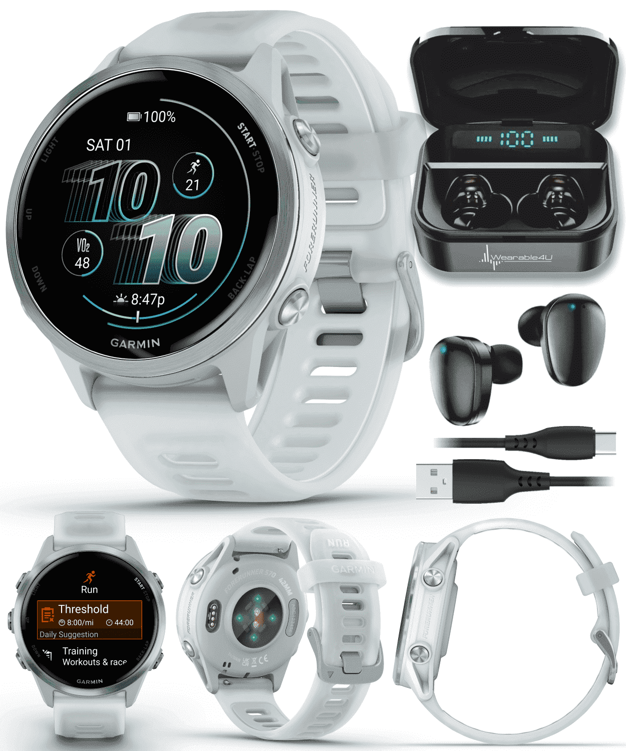 Garmin Forerunner 570 42mm Advanced GPS Running & Triathlon Smartwatch AMOLED Display Training & Recovery Cloud Blue Aluminum w/Translucent Whitestone/Cloud Blue Band w/Wearable4U BLK EarBuds Bundle