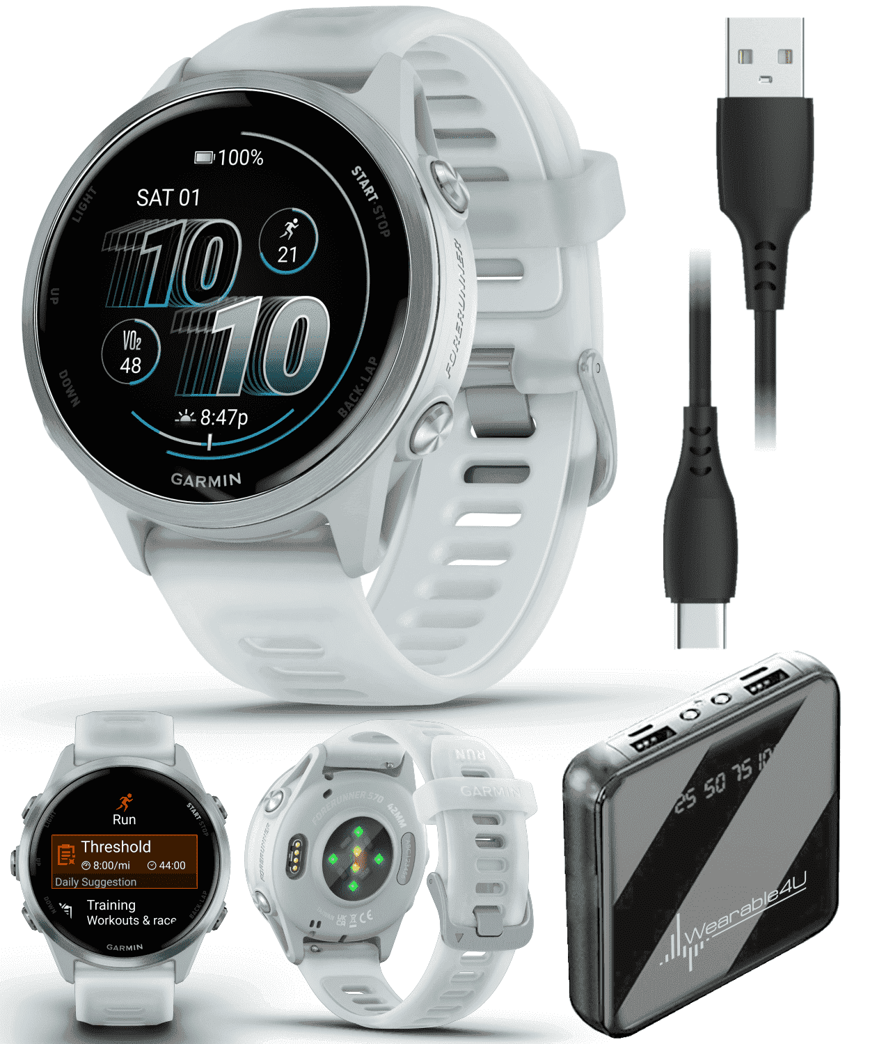Garmin Forerunner 570 42mm Advanced GPS Running & Triathlon Smartwatch AMOLED Display, Training & Recovery, Cloud Blue Aluminum w/Translucent Whitestone/Cloud Blue Band w/ Wearable4U PowerBank Bundle