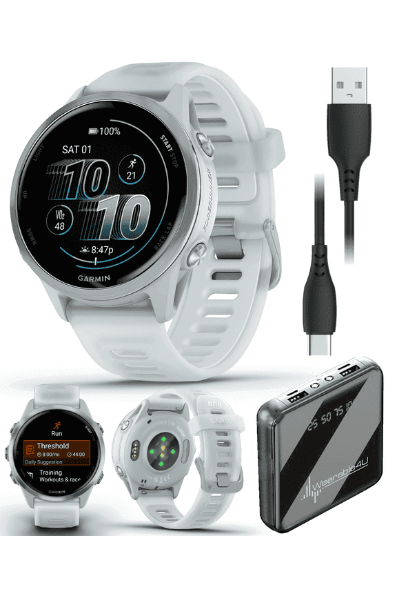 Garmin Forerunner 570 42mm Advanced GPS Running & Triathlon Smartwatch AMOLED Display, Training & Recovery, Cloud Blue Aluminum w/Translucent Whitestone/Cloud Blue Band w/ Wearable4U PowerBank Bundle