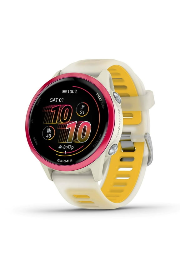 Forerunner 570, 42mm, Advanced GPS Running and Triathlon Smartwatch, AMOLED Display, Training and Recovery Features, Raspberry Aluminum with Translucent Bone/Mango Band