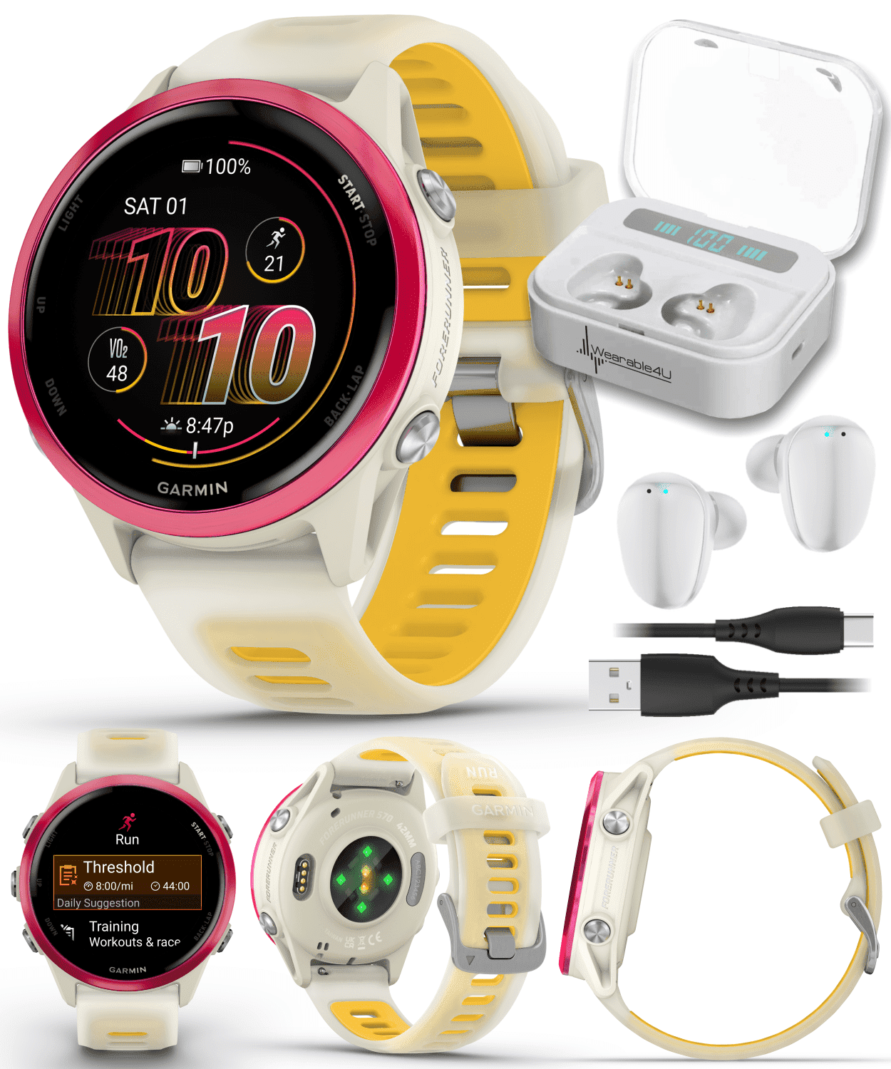 Garmin Forerunner 570 42mm Advanced GPS Running & Triathlon Smartwatch AMOLED Display Training & Recovery, Raspberry Aluminum w/ Translucent Bone/Mango Band w/ Wearable4U White EarBuds Bundle