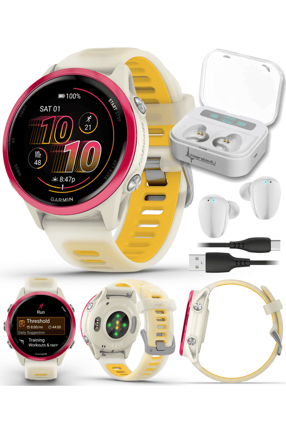 Garmin Forerunner 570 42mm Advanced GPS Running & Triathlon Smartwatch AMOLED Display Training & Recovery, Raspberry Aluminum w/ Translucent Bone/Mango Band w/ Wearable4U White EarBuds Bundle