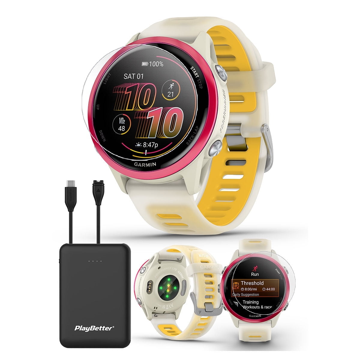 Garmin Forerunner 570 (42mm - Bone/Mango) Running GPS Smartwatch Bundle with PlayBetter Portable Charger & HD Screen Protectors