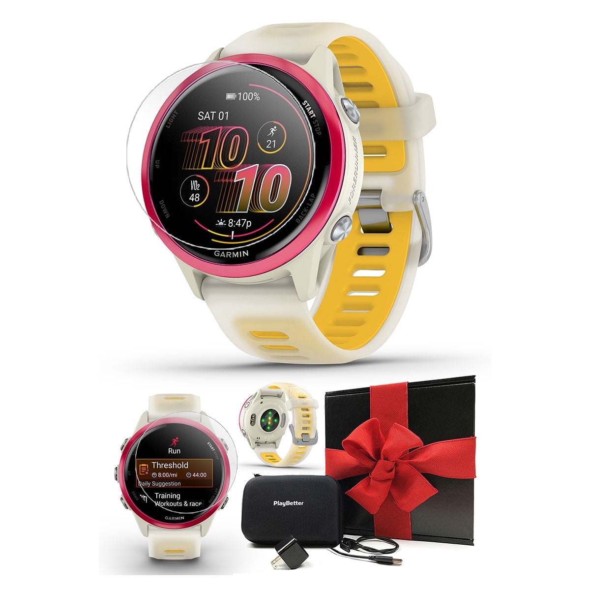 Garmin Forerunner 570 (42mm - Bone/Mango) Running GPS Smartwatch Gift Box Bundle with PlayBetter HD Screen Protectors, Wall Adapter & Hard Case