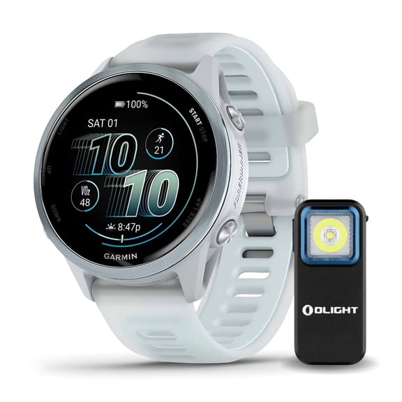 Garmin Forerunner 570 - 42mm Cloud Blue Aluminum with Whitestone/Cloud Blue Band Bundle with Rechargeable Clamp-On Flashlight (2 Items)