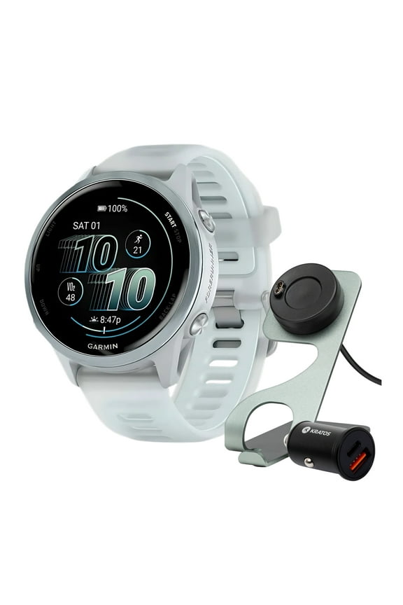 Forerunner 570 42mm GPS Running Smartwatch (Cloud Blue/Whitestone Band) Bundle with Stand, Charging Cable and Car Charger (3 items)