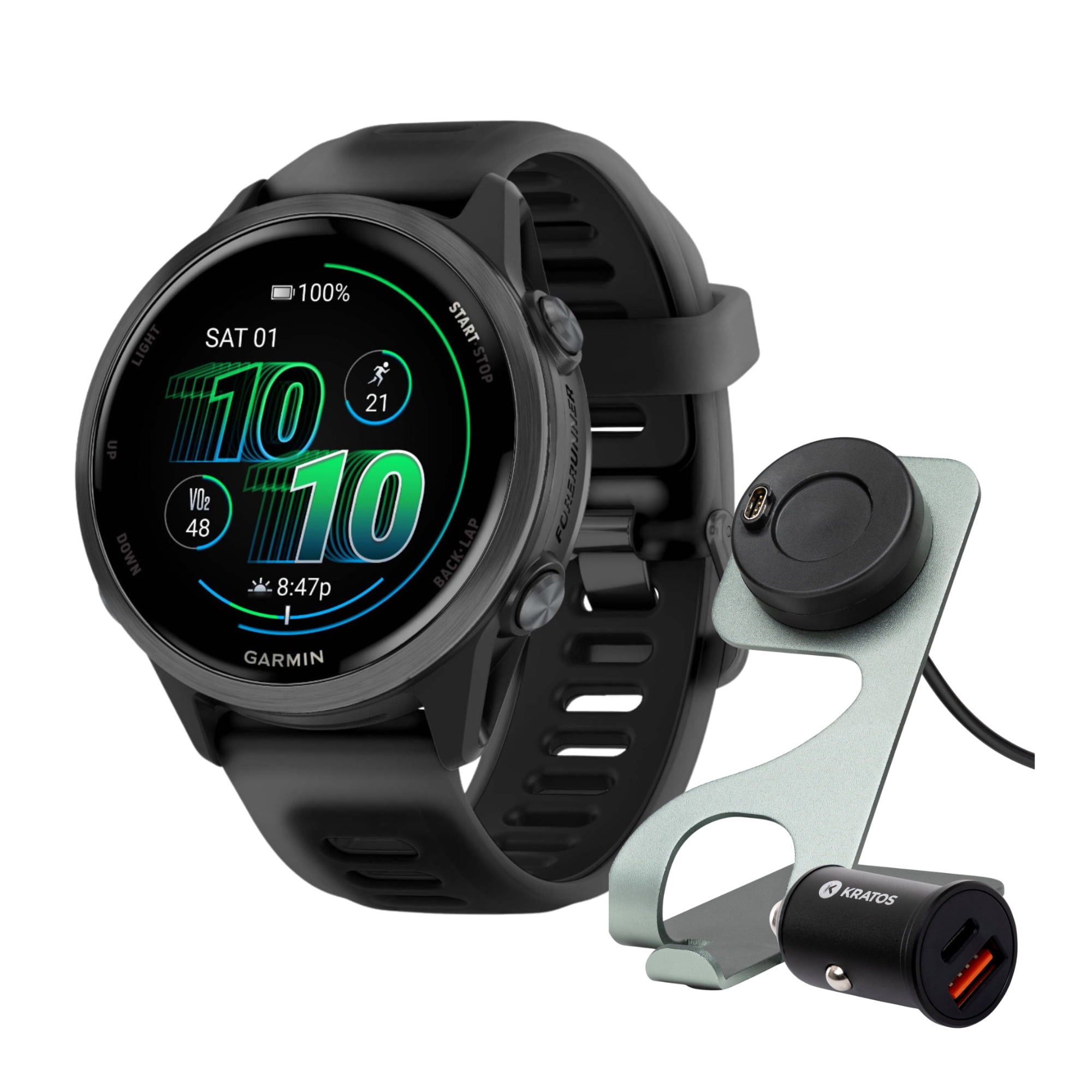 Garmin Forerunner 570 42mm GPS Running Smartwatch (Slate Gray/Black Band) Bundle with Stand, Charging Cable and Car Charger (3 items)