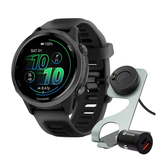 Garmin Forerunner 570 42mm GPS Running Smartwatch (Slate Gray/Black Band) Bundle with Stand, Charging Cable and Car Charger (3 items)