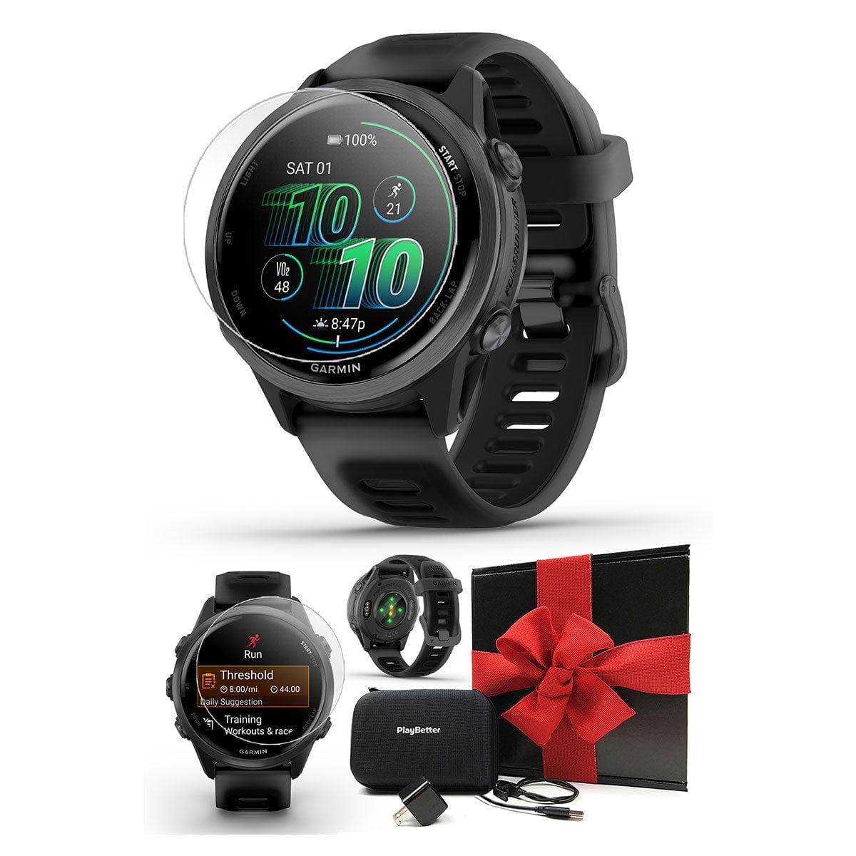 Garmin Forerunner 570 (42mm - Slate Gray/Black) Running GPS Smartwatch Gift Box Bundle with PlayBetter HD Screen Protectors, Wall Adapter & Hard Case