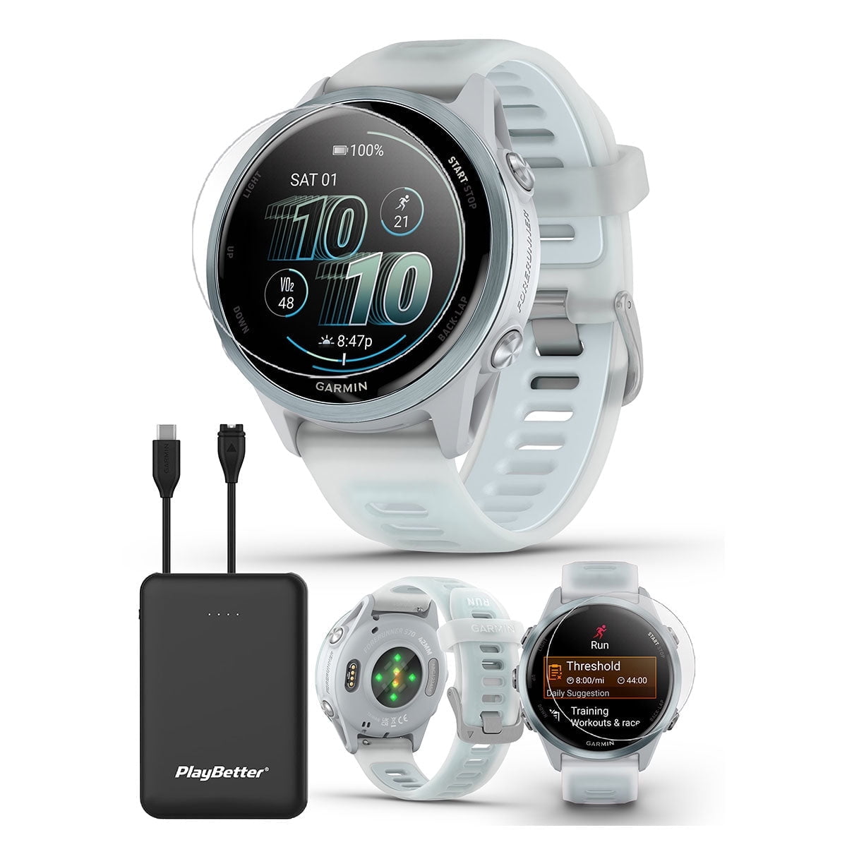 Garmin Forerunner 570 (42mm - White/Cloud Blue) Running GPS Smartwatch Bundle with PlayBetter Portable Charger & HD Screen Protectors