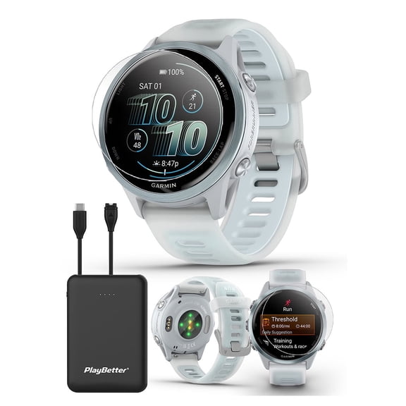 Garmin Forerunner 570 (42mm - White/Cloud Blue) Running GPS Smartwatch Bundle with PlayBetter Portable Charger & HD Screen Protectors