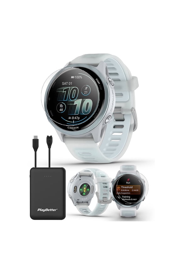 Garmin Forerunner 570 (42mm - White/Cloud Blue) Running GPS Smartwatch Bundle with PlayBetter Portable Charger & HD Screen Protectors