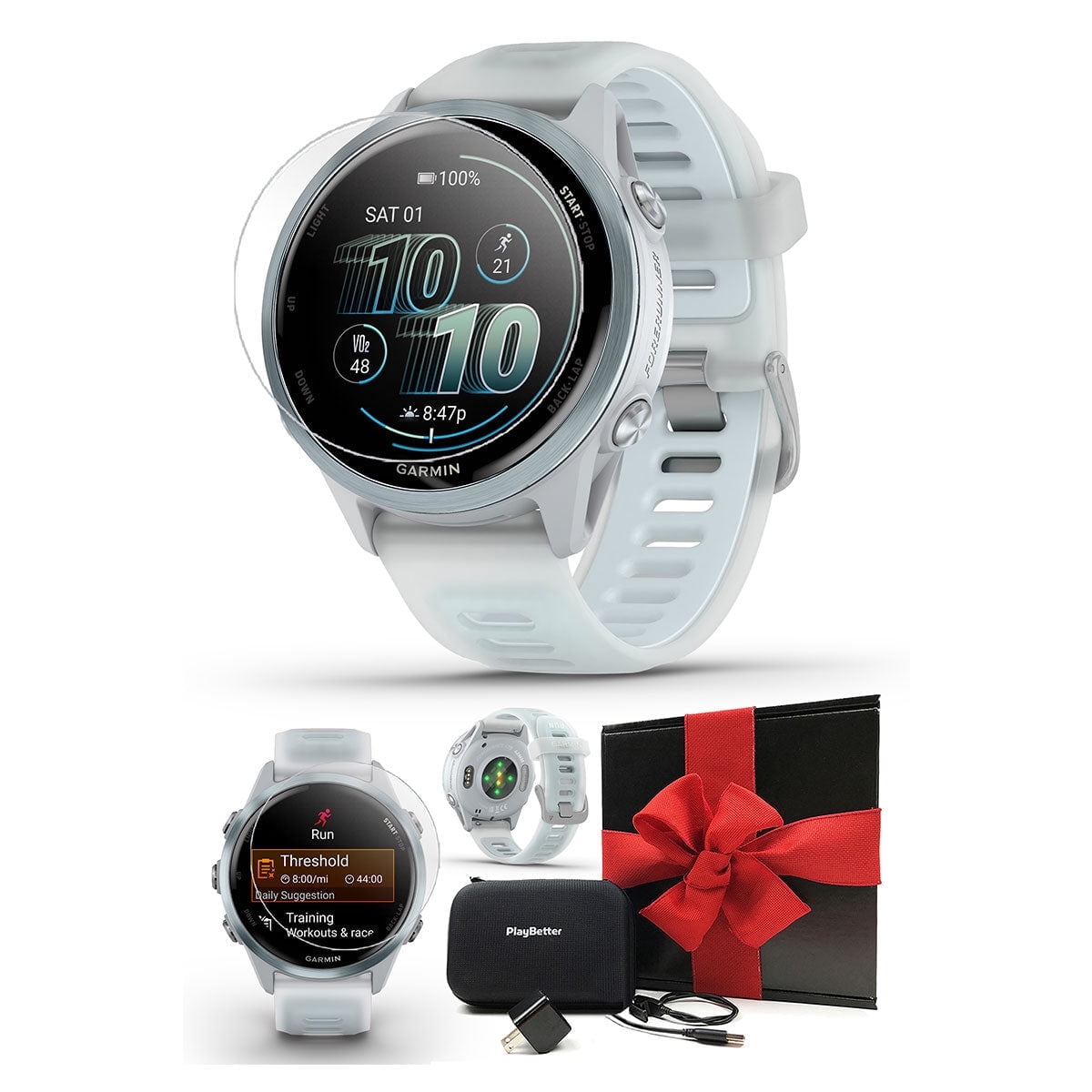 Garmin Forerunner 570 (42mm - White/Cloud Blue) Running GPS Smartwatch Gift Box Bundle with PlayBetter HD Screen Protectors, Wall Adapter & Hard Case