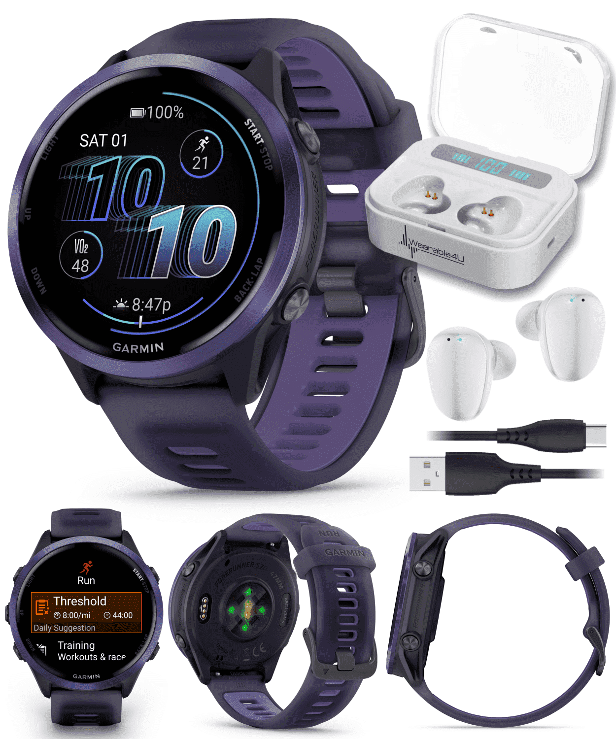 Garmin Forerunner 570 47mm Advanced GPS Running & Triathlon Smartwatch AMOLED Display Training & Recovery, Indigo Aluminum w/ Translucent Imperial Purple/Indigo Band w/ Wearable4U WHT EarBuds Bundle