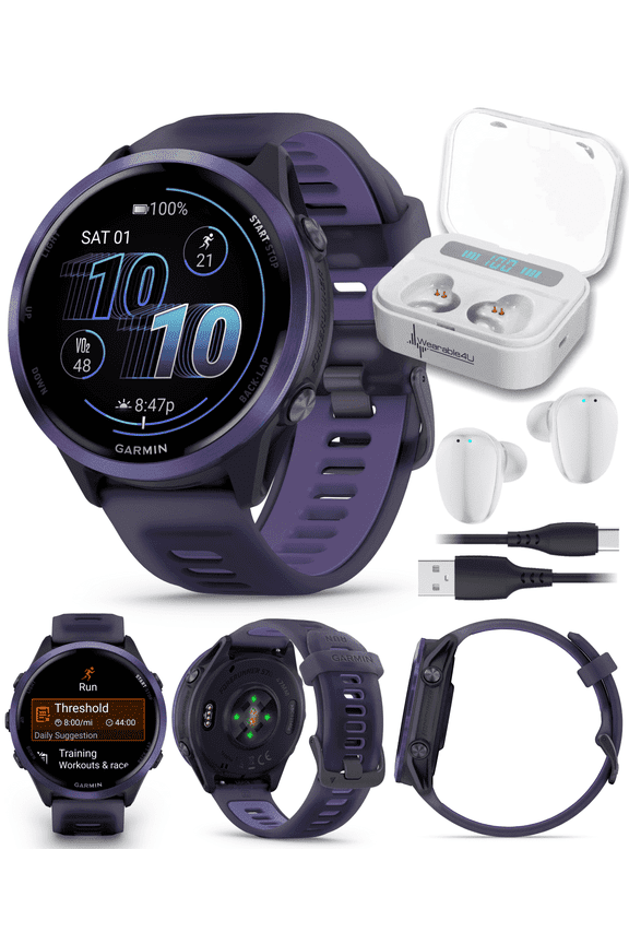 Garmin Forerunner 570 47mm Advanced GPS Running & Triathlon Smartwatch AMOLED Display Training & Recovery, Indigo Aluminum w/ Translucent Imperial Purple/Indigo Band w/ Wearable4U WHT EarBuds Bundle