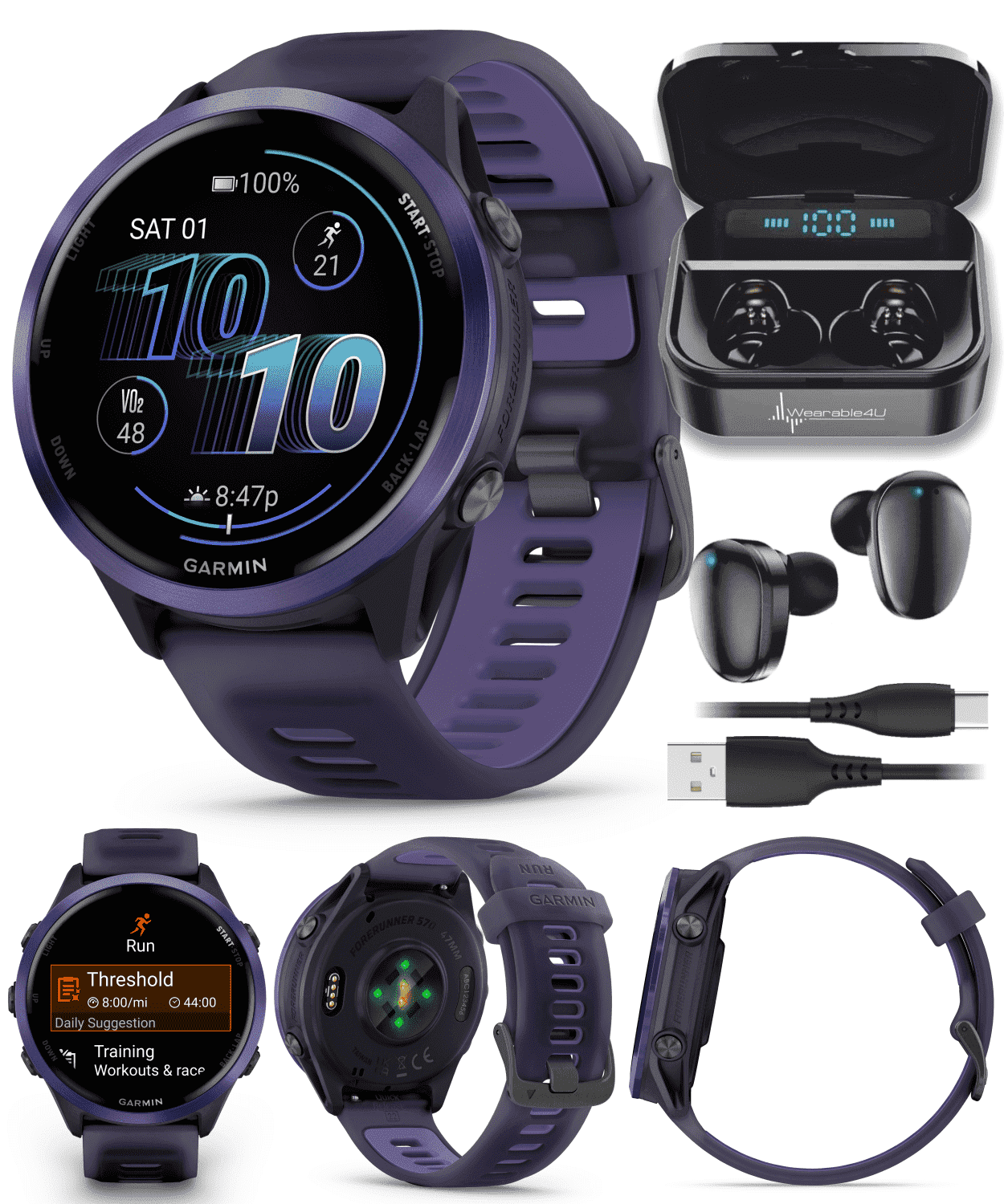Garmin Forerunner 570 47mm Advanced GPS Running & Triathlon Smartwatch AMOLED Display Training & Recovery, Indigo Aluminum w/ Translucent Imperial Purple/Indigo Band w/ Wearable4U BLK EarBuds Bundle