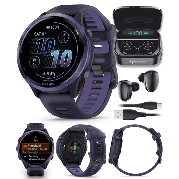 Garmin Forerunner 570 47mm Advanced GPS Running & Triathlon Smartwatch AMOLED Display Training & Recovery, Indigo Aluminum w/ Translucent Imperial Purple/Indigo Band w/ Wearable4U BLK EarBuds Bundle