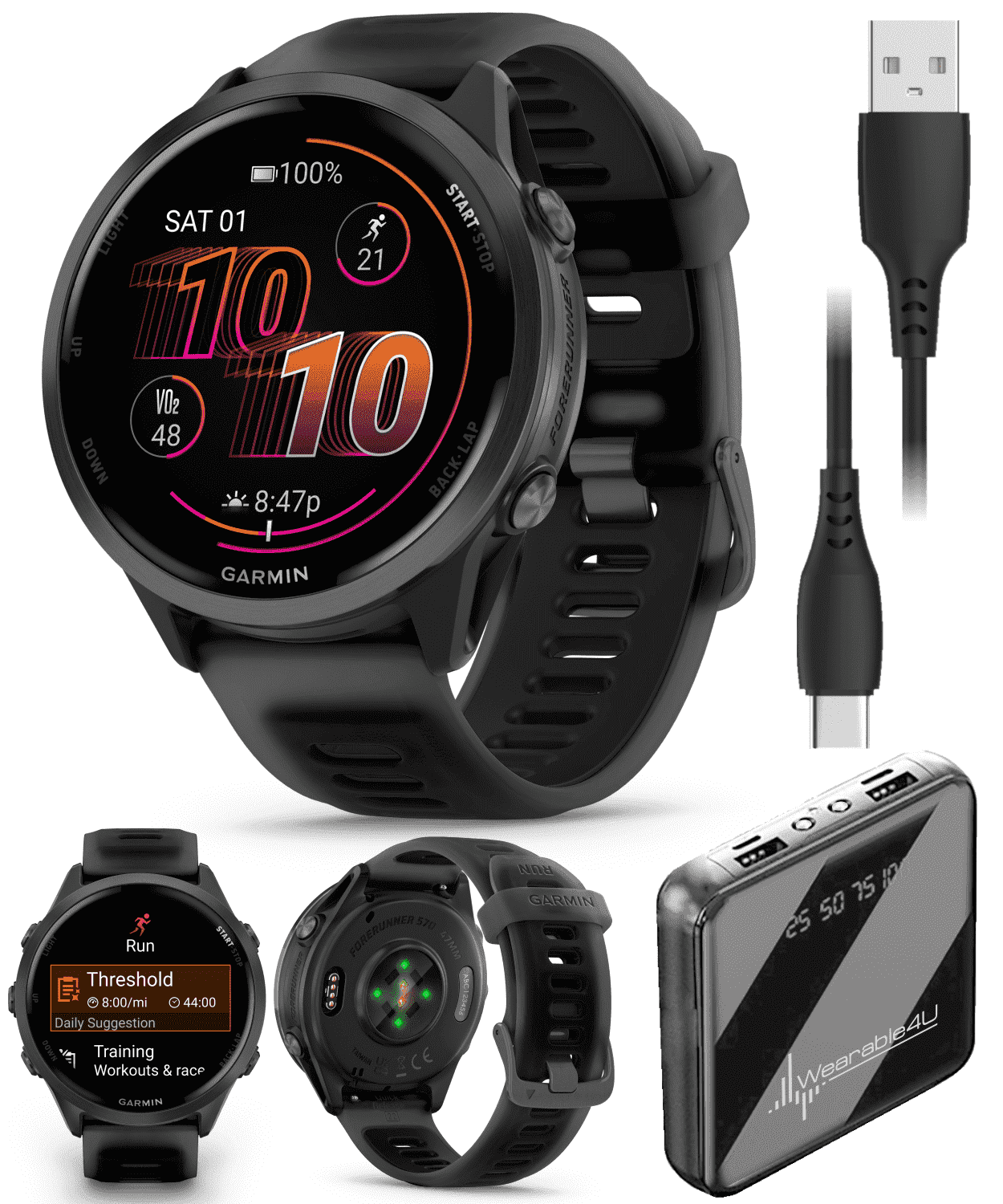 Garmin Forerunner 570 47mm Advanced GPS Running & Triathlon Smartwatch, AMOLED Display, Training & Recovery, Slate Gray Aluminum w/ Translucent Black/Black Band w/ Wearable4U PowerBank Bundle