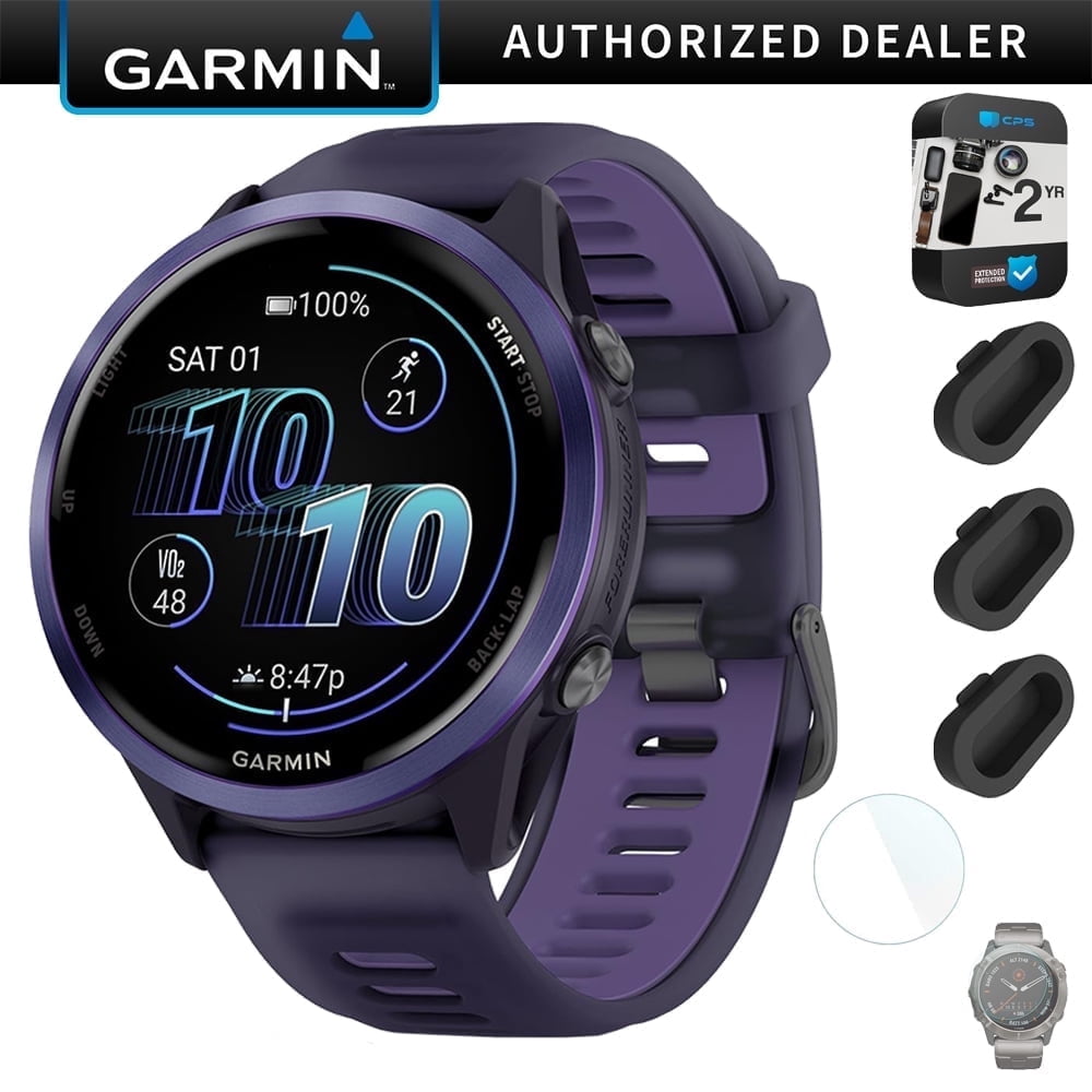 Garmin Forerunner 570 - 47mm GPS Smartwatch, Aluminum and Purple/Indigo Band Bundle with 2 Year Protection Pack + Silicone Dust Cover (3-Pack) + 1.4 Inch Screen Protector