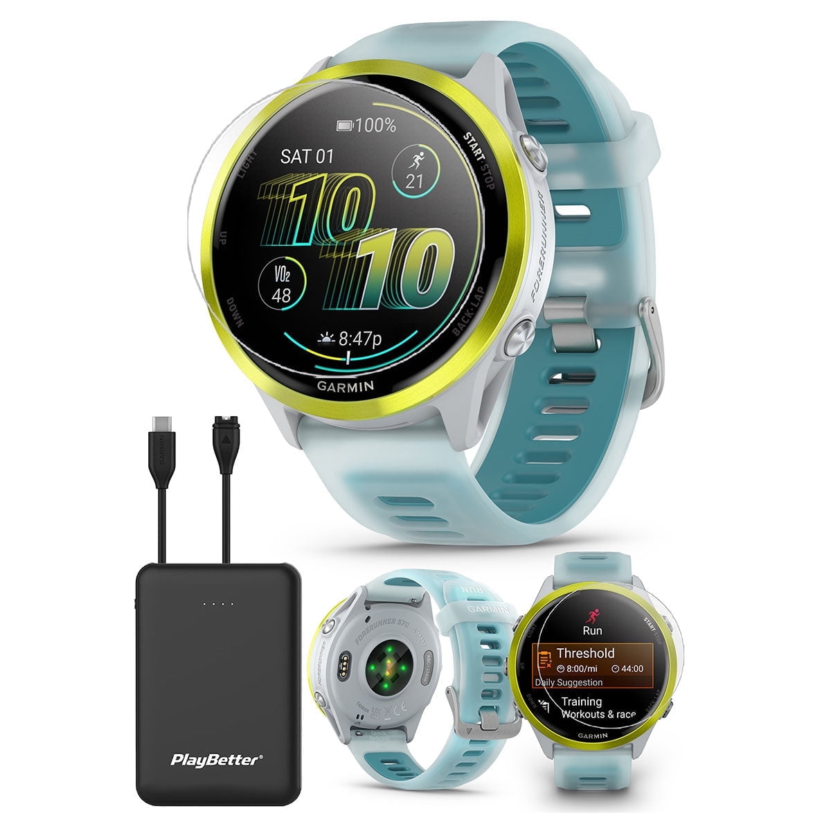 Garmin Forerunner 570 (47mm - Whitestone/Turquoise) Running GPS Smartwatch Bundle with PlayBetter Portable Charger & HD Screen Protectors