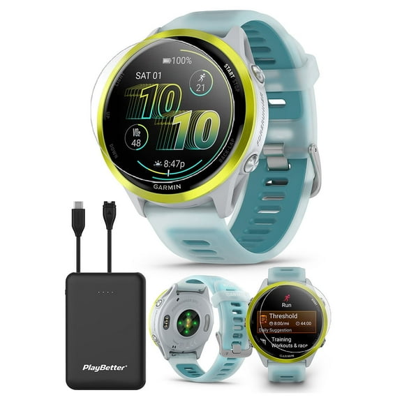 Garmin Forerunner 570 (47mm - Whitestone/Turquoise) Running GPS Smartwatch Bundle with PlayBetter Portable Charger & HD Screen Protectors