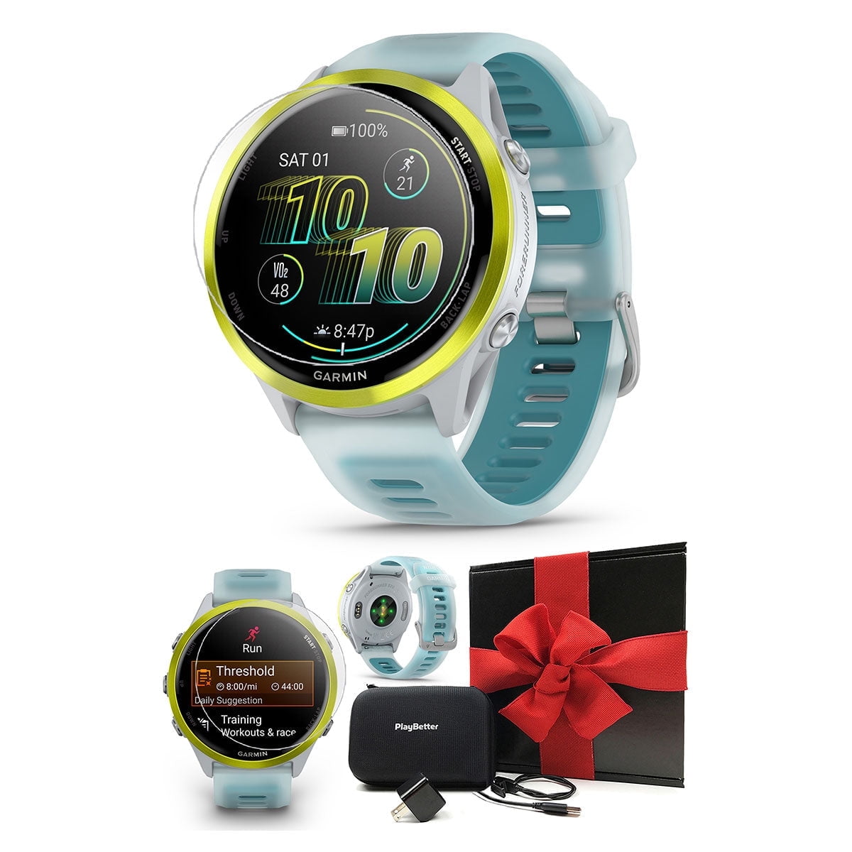 Garmin Forerunner 570 (47mm - Whitestone/Turquoise) Running GPS Smartwatch Gift Box Bundle with PlayBetter HD Screen Protectors, Wall Adapter & Hard Case